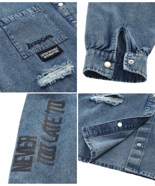 ANAP GiRL(アナップガール)の「クラッシュデニムシャツ(シャツ/ブラウス・キッズ・ライトブルー・S/M/XS)」の2枚目の写真