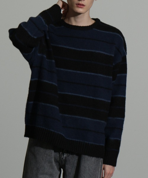 Art re A select(アトリエセレクト)の「MOHAIRLIKE OVERSIZED BORDER KNIT/5Gモヘアライクニットボーダーオーバーサイズクルーセーター(ニット/セーター・メンズ・ブルー系その他/ブラック系その他/グリーン系その他/パープル系その他/ブラック×ブルー・M/L)」の3枚目の写真