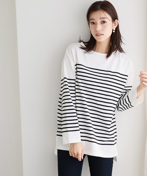 Pierrot(ピエロ)の「ボーダーチュニックルーズプルオーバー(Tシャツ/カットソー・レディース・ネイビー×ホワイト/ホワイト×グリーン/ホワイト×ブラック・LL/S/M/L)」の4枚目の写真