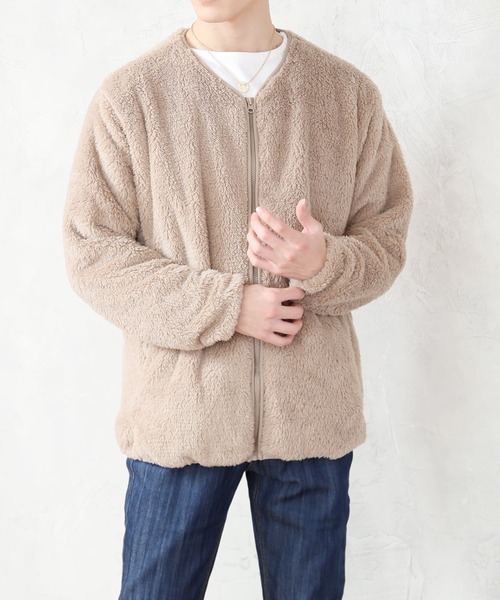 TopIsm(トップイズム)の「ノーカラーシャギーボア 無地ジップアップジャケット(ノーカラージャケット・メンズ・クリアグリーン/ブラック/ブルー/グレー/ベージュ・M/L/LL)」の4枚目の写真