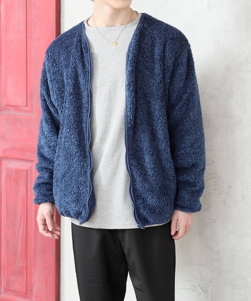 TopIsm(トップイズム)の「ノーカラーシャギーボア 無地ジップアップジャケット(ノーカラージャケット・メンズ・クリアグリーン/ブラック/ブルー/グレー/ベージュ・M/L/LL)」の5枚目の写真
