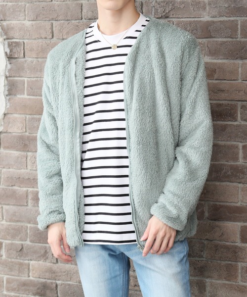 TopIsm(トップイズム)の「ノーカラーシャギーボア 無地ジップアップジャケット(ノーカラージャケット・メンズ・クリアグリーン/ブラック/ブルー/グレー/ベージュ・M/L/LL)」の1枚目の写真