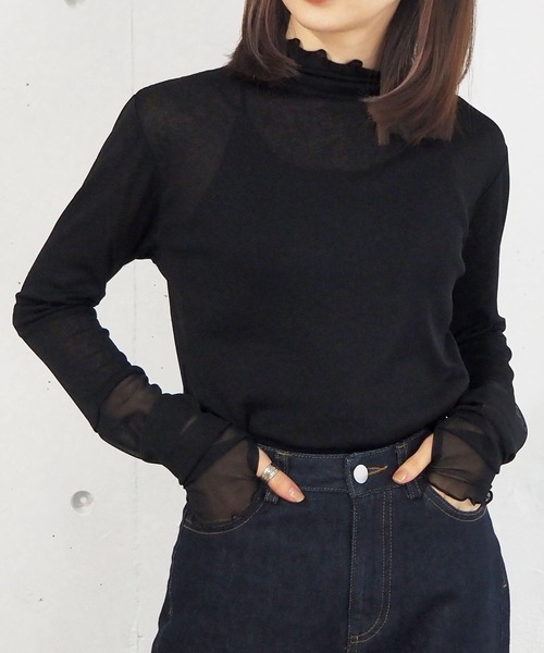 tiptop（ティップトップ）の「シアー袖先切り替えロンT（Tシャツ/カットソー・レディース・ブラック/オフホワイト/パープル・FREE）」の3枚目の写真