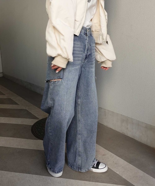 セール】ハイウエストカットデザインルーズデニムパンツ（デニム
