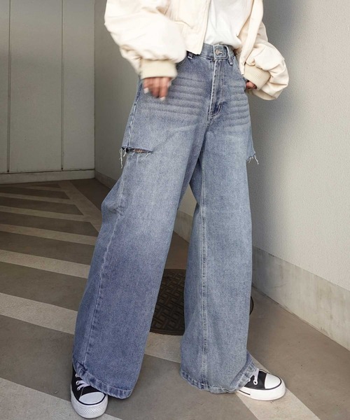 ハイウェスト デニム ルーズ チノパンツ ゆったりハイウエストワイドストレート無地デニム＆チノパンツ