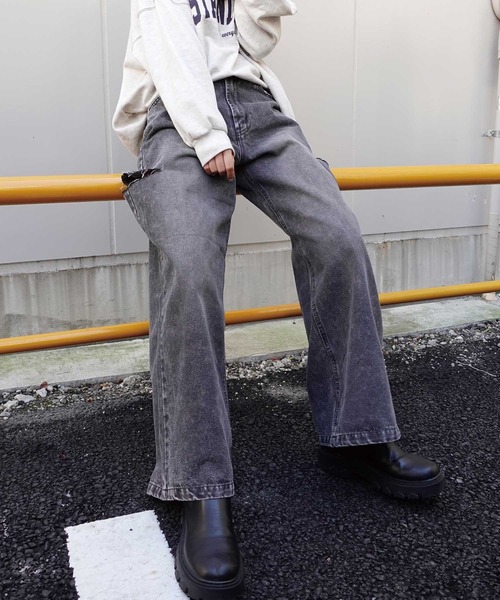 ハイウェスト デニム ルーズ チノパンツ ハイウエストカットデザインルーズデニムパンツ（デニムパンツ