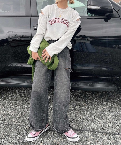 Lots of Love（ロッツオブラブ）の「ハイウエストカットデザインルーズデニムパンツ（デニムパンツ・レディース・ブルー/ブラック・M/L/S）」の12枚目の写真