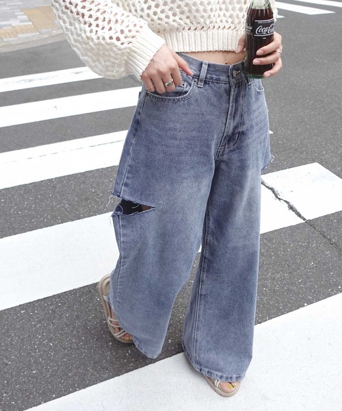 セール】ハイウエストカットデザインルーズデニムパンツ（デニム