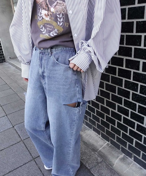 Lots of Love（ロッツオブラブ）の「ハイウエストカットデザインルーズデニムパンツ（デニムパンツ・レディース・ブルー/ブラック・M/L/S）」の21枚目の写真