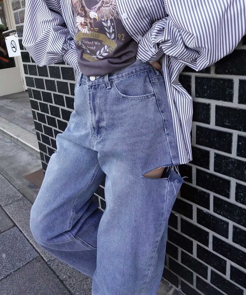 ハイウェスト デニム ルーズ チノパンツ チノパン ルーズシルエット ダブルニーパンツ デニム ツイル