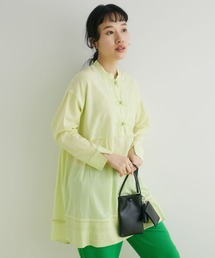 インドコットン　チャイナボタンレース切替ブラウス