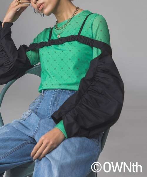 OWNth(オンス)の「モノグラムシアーメッシュトップス(Tシャツ/カットソー・レディース・ブラック/グレー系その他/グリーン/ブルー・FREE)」の3枚目の写真