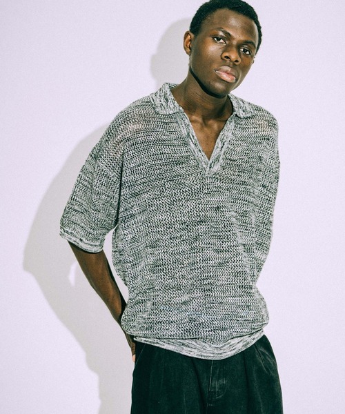 euan.（ユアン）の「euan.  メッシュ 透かし編み スキッパーニットポロシャツ（ポロシャツ・メンズ・ダークグリーン/ブラック・M/L）」の6枚目の写真