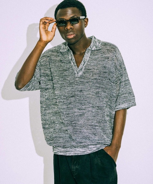 euan.（ユアン）の「euan.  メッシュ 透かし編み スキッパーニットポロシャツ（ポロシャツ・メンズ・ダークグリーン/ブラック・M/L）」の9枚目の写真