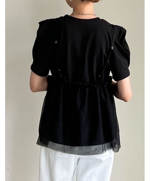 Re:EDIT（リエディ）の「[2点セット]チュールキャミソール×ショルダータックTシャツセット（Tシャツ/カットソー・レディース・ブラック×ブラック/ホワイト×ブラック・LARGE/MEDIUM）」の16枚目の写真