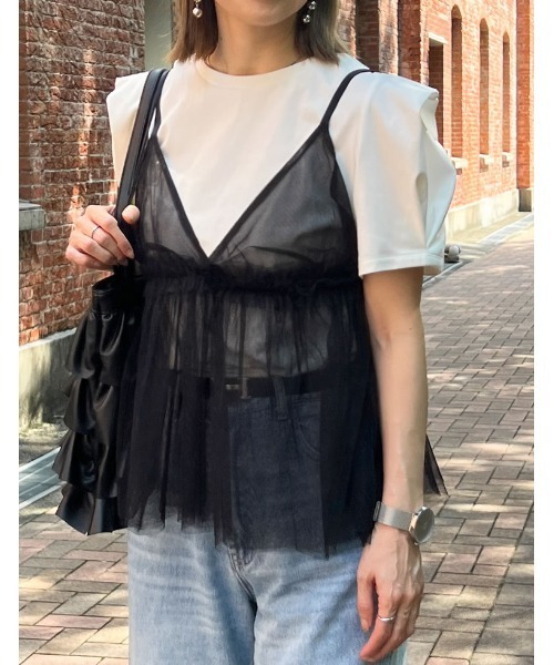 Re:EDIT（リエディ）の「[2点セット]チュールキャミソール×ショルダータックTシャツセット（Tシャツ/カットソー・レディース・ブラック×ブラック/ホワイト×ブラック・LARGE/MEDIUM）」の8枚目の写真