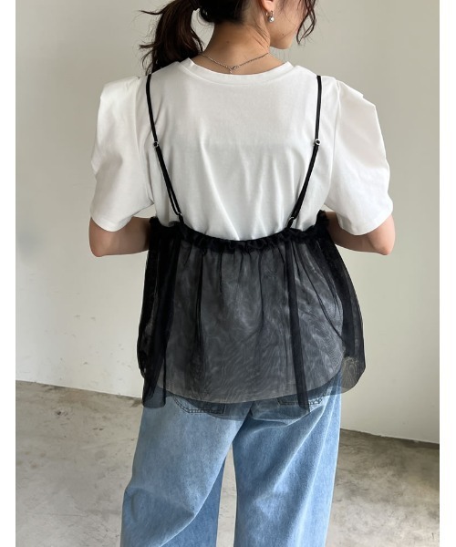 Re:EDIT（リエディ）の「[2点セット]チュールキャミソール×ショルダータックTシャツセット（Tシャツ/カットソー・レディース・ブラック×ブラック/ホワイト×ブラック・LARGE/MEDIUM）」の12枚目の写真