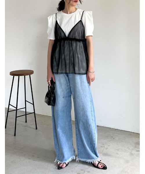 Re:EDIT（リエディ）の「[2点セット]チュールキャミソール×ショルダータックTシャツセット（Tシャツ/カットソー・レディース・ブラック×ブラック/ホワイト×ブラック・LARGE/MEDIUM）」の15枚目の写真
