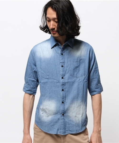 VENCEEXCHANGE（ヴァンスエクスチェンジ）の「デニムバック刺繍5分袖シャツ           （シャツ/ブラウス・メンズ・ブルー/ダークネイビー・MEDIUM/SMALL/LARGE）」の9枚目の写真