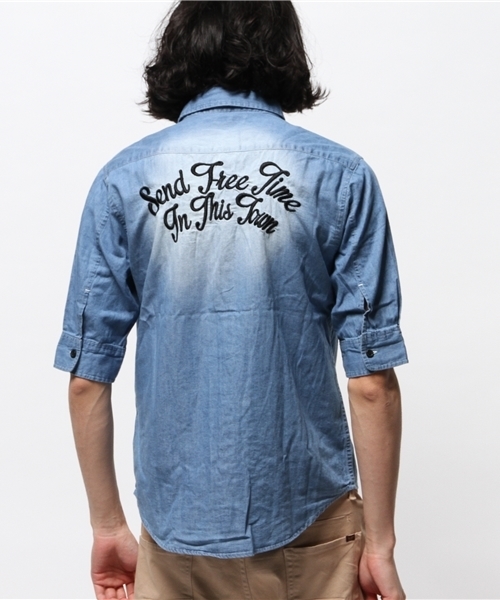 VENCEEXCHANGE（ヴァンスエクスチェンジ）の「デニムバック刺繍5分袖シャツ           （シャツ/ブラウス・メンズ・ブルー/ダークネイビー・MEDIUM/SMALL/LARGE）」の11枚目の写真