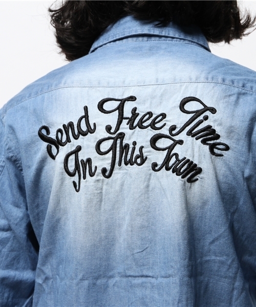 VENCEEXCHANGE（ヴァンスエクスチェンジ）の「デニムバック刺繍5分袖シャツ           （シャツ/ブラウス・メンズ・ブルー/ダークネイビー・MEDIUM/SMALL/LARGE）」の5枚目の写真