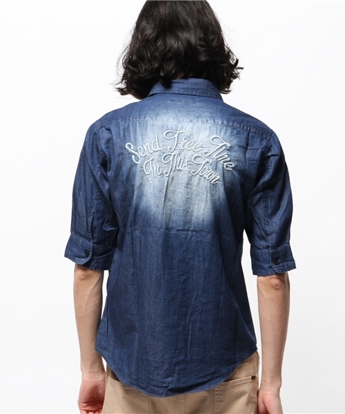 VENCEEXCHANGE（ヴァンスエクスチェンジ）の「デニムバック刺繍5分袖シャツ           （シャツ/ブラウス・メンズ・ブルー/ダークネイビー・MEDIUM/SMALL/LARGE）」の8枚目の写真