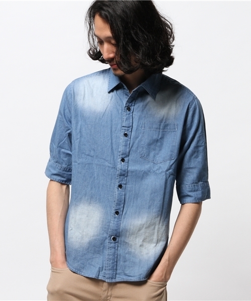VENCEEXCHANGE（ヴァンスエクスチェンジ）の「デニムバック刺繍5分袖シャツ           （シャツ/ブラウス・メンズ・ブルー/ダークネイビー・MEDIUM/SMALL/LARGE）」の14枚目の写真