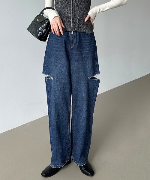 COCOMOMO（ココモモ）の「【5色×サイズ展開あり】 サイドカット ダメージ デニムパンツ ストレート デニム ワイドデニムパンツ カットアウト（デニムパンツ・レディース・ダークブルー/ブルー/ホワイト/グレー/ブラック・S/L/M/XL）」の5枚目の写真