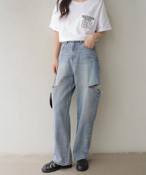 COCOMOMO（ココモモ）の「【5色×サイズ展開あり】 サイドカット ダメージ デニムパンツ ストレート デニム ワイドデニムパンツ カットアウト（デニムパンツ・レディース・ダークブルー/ブルー/ホワイト/グレー/ブラック・S/L/M/XL）」の7枚目の写真