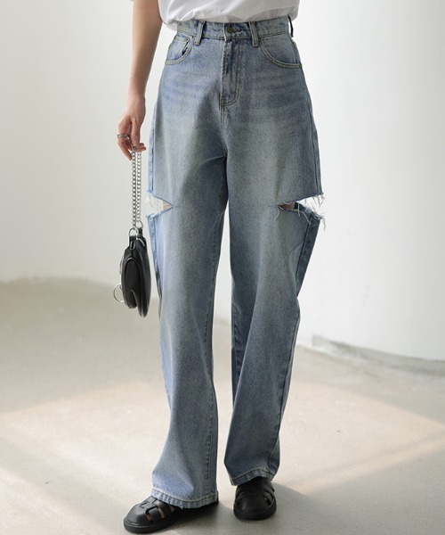 COCOMOMO（ココモモ）の「【5色×サイズ展開あり】 サイドカット ダメージ デニムパンツ ストレート デニム ワイドデニムパンツ カットアウト（デニムパンツ・レディース・ダークブルー/ブルー/ホワイト/グレー/ブラック・S/L/M/XL）」の8枚目の写真