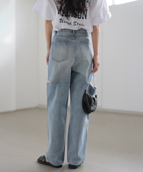 COCOMOMO（ココモモ）の「【5色×サイズ展開あり】 サイドカット ダメージ デニムパンツ ストレート デニム ワイドデニムパンツ カットアウト（デニムパンツ・レディース・ダークブルー/ブルー/ホワイト/グレー/ブラック・S/L/M/XL）」の9枚目の写真