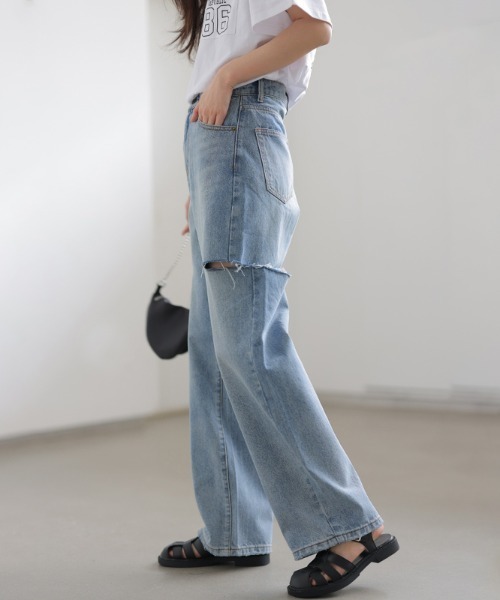 COCOMOMO（ココモモ）の「【5色×サイズ展開あり】 サイドカット ダメージ デニムパンツ ストレート デニム ワイドデニムパンツ カットアウト（デニムパンツ・レディース・ダークブルー/ブルー/ホワイト/グレー/ブラック・S/L/M/XL）」の10枚目の写真