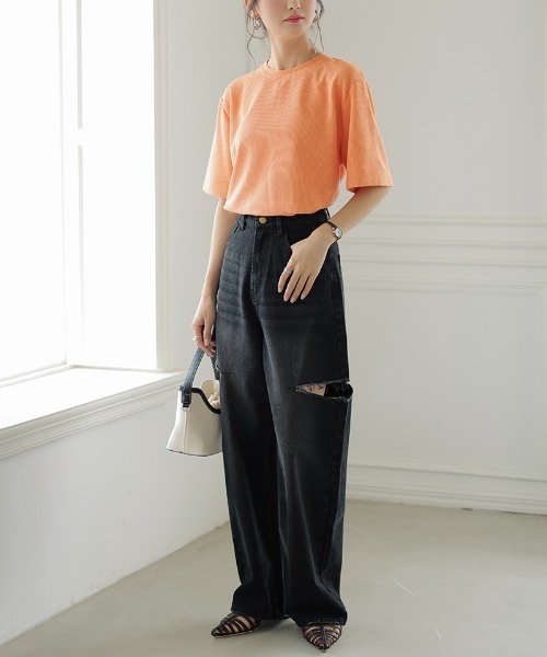 COCOMOMO（ココモモ）の「【5色×サイズ展開あり】 サイドカット ダメージ デニムパンツ ストレート デニム ワイドデニムパンツ カットアウト（デニムパンツ・レディース・ダークブルー/ブルー/ホワイト/グレー/ブラック・S/L/M/XL）」の22枚目の写真