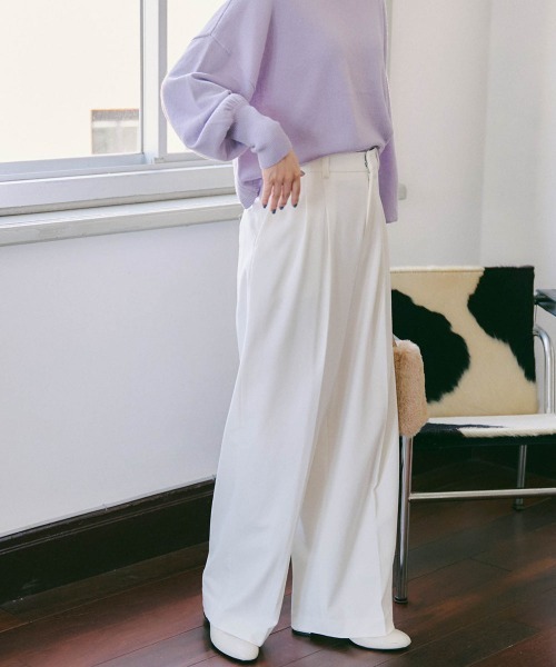 Droite lautreamont(ドロワットロートレアモン)の「コスミカルウォーム裏起毛2タックワイドパンツ≪洗濯機で洗える≫(スラックス・レディース・オフホワイト/パープル・M/S)」の5枚目の写真