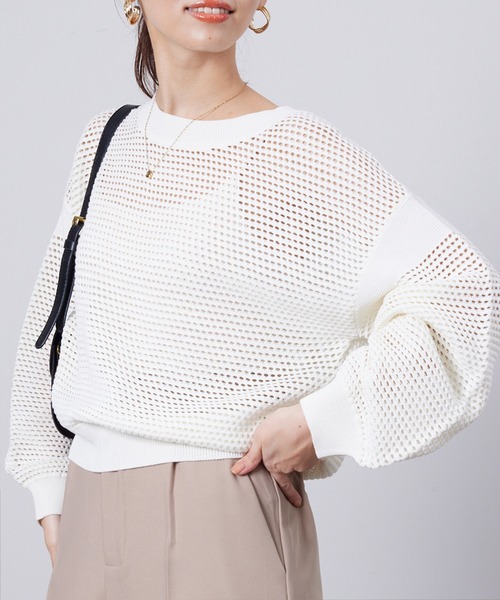 Chez toi(シェトワ)の「コットンメッシュニットプルオーバー(ニット/セーター・レディース・アイボリー/チャコールグレー/ベージュ/パープル・FREE)」の6枚目の写真