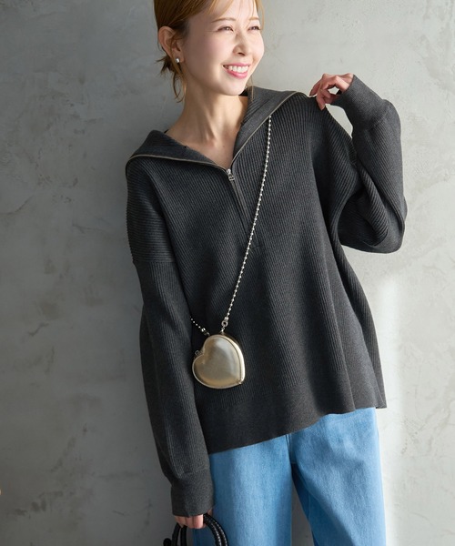 ROPE' PICNIC（ロペピクニック）の「ハーフジップニットプルオーバー（ニット/セーター・レディース・チャコールグレー/キナリ/ネイビー・38）」の2枚目の写真