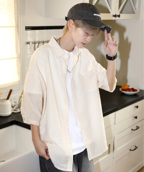 【セール】【neos】ルーズシルエット ドット ラインストーン シアー ストライプ ロールアップ ハーフスリーブ シャツ（シャツ/ブラウス）｜neos（ネオス）