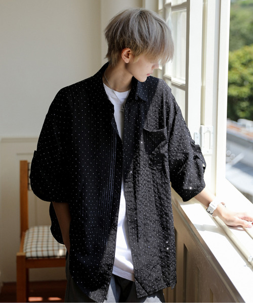 【セール】【neos】ルーズシルエット ドット ラインストーン シアー ストライプ ロールアップ ハーフスリーブ シャツ（シャツ/ブラウス）｜neos（ネオス）