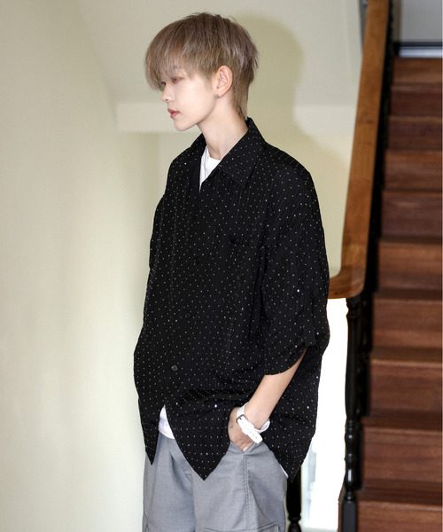 【セール】【neos】ルーズシルエット ドット ラインストーン シアー ストライプ ロールアップ ハーフスリーブ シャツ（シャツ/ブラウス）｜neos（ネオス）