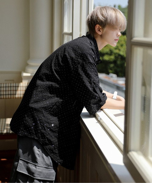 【セール】【neos】ルーズシルエット ドット ラインストーン シアー ストライプ ロールアップ ハーフスリーブ シャツ（シャツ/ブラウス）｜neos（ネオス）