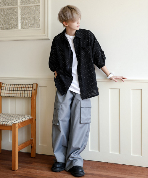 【セール】【neos】ルーズシルエット ドット ラインストーン シアー ストライプ ロールアップ ハーフスリーブ シャツ（シャツ/ブラウス）｜neos（ネオス）