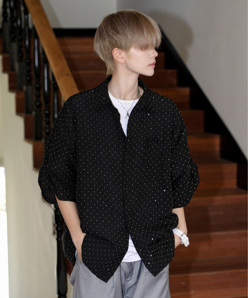 【セール】【neos】ルーズシルエット ドット ラインストーン シアー ストライプ ロールアップ ハーフスリーブ シャツ（シャツ/ブラウス）｜neos（ネオス）