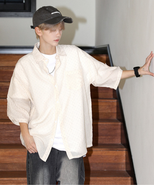 【セール】【neos】ルーズシルエット ドット ラインストーン シアー ストライプ ロールアップ ハーフスリーブ シャツ（シャツ/ブラウス）｜neos（ネオス）