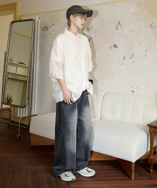 【セール】【neos】ルーズシルエット ドット ラインストーン シアー ストライプ ロールアップ ハーフスリーブ シャツ（シャツ/ブラウス）｜neos（ネオス）