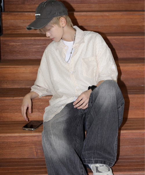 【セール】【neos】ルーズシルエット ドット ラインストーン シアー ストライプ ロールアップ ハーフスリーブ シャツ（シャツ/ブラウス）｜neos（ネオス）