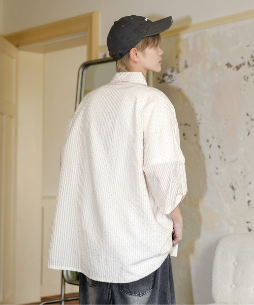 【セール】【neos】ルーズシルエット ドット ラインストーン シアー ストライプ ロールアップ ハーフスリーブ シャツ（シャツ/ブラウス）｜neos（ネオス）