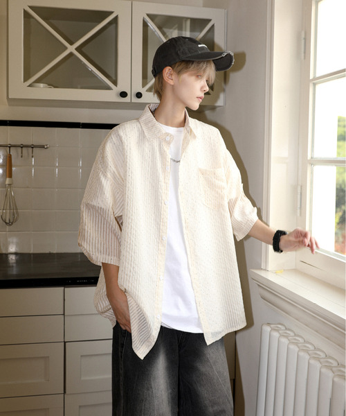 【セール】【neos】ルーズシルエット ドット ラインストーン シアー ストライプ ロールアップ ハーフスリーブ シャツ（シャツ/ブラウス）｜neos（ネオス）