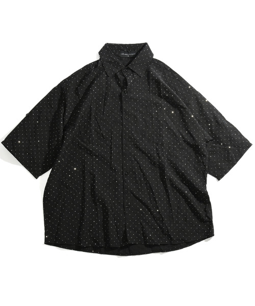 【セール】【neos】ルーズシルエット ドット ラインストーン シアー ストライプ ロールアップ ハーフスリーブ シャツ（シャツ/ブラウス）｜neos（ネオス）