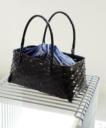 竹かごバッグ+日本製注染生地あずま袋セット utatane 黒飴色 紺の川面