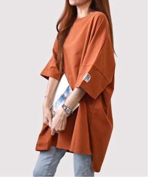 COMON+(コモンプラス)の「ドルマンスリーブロング丈オーバーサイズTシャツ(Tシャツ/カットソー・レディース・オレンジ/ブラック/カーキ/グレー・FREE)」の5枚目の写真